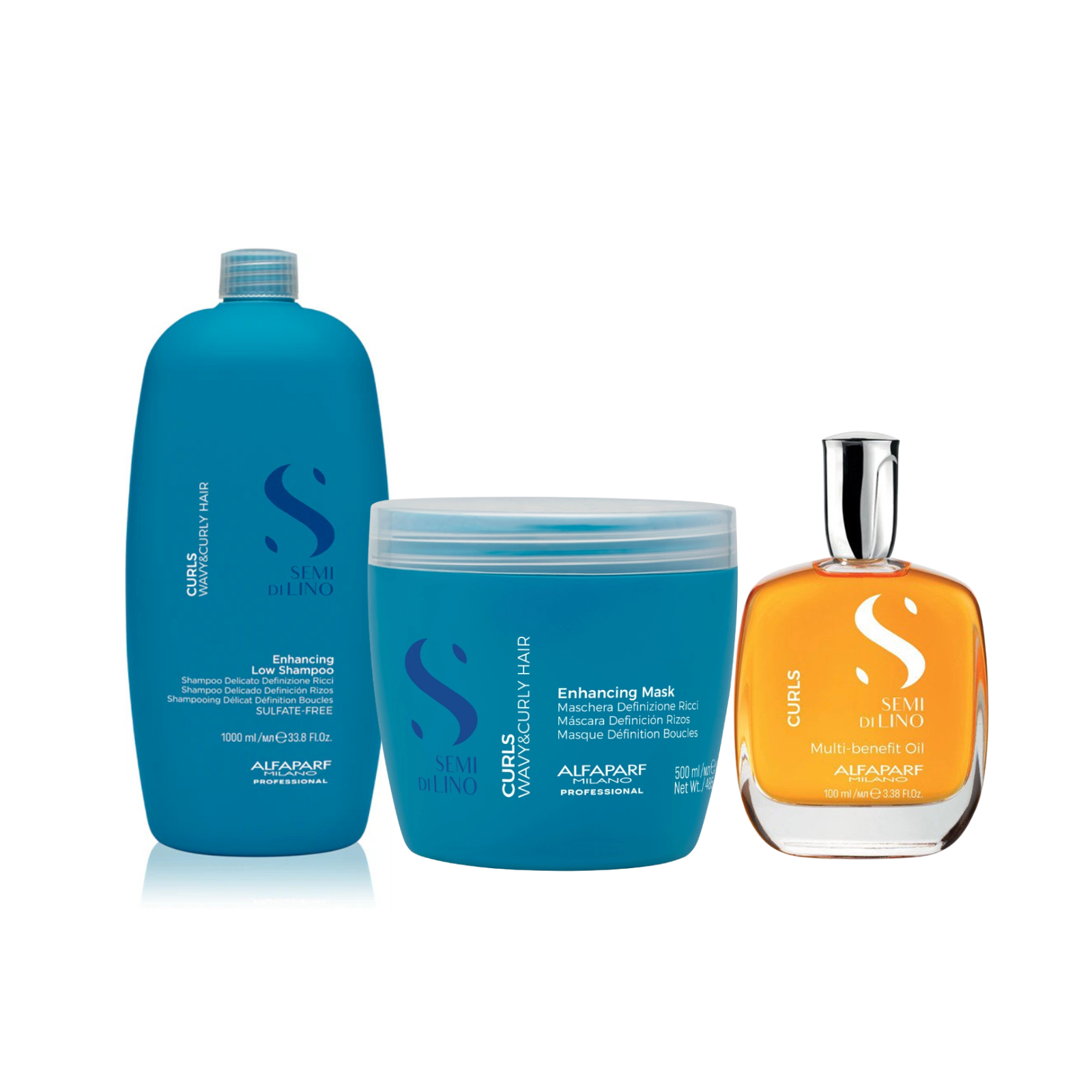 Pachet Alfaparf Semi di Lino Curls – Șampon, Mască & Ulei Multi-Benefit pentru Păr Ondulat și Creț