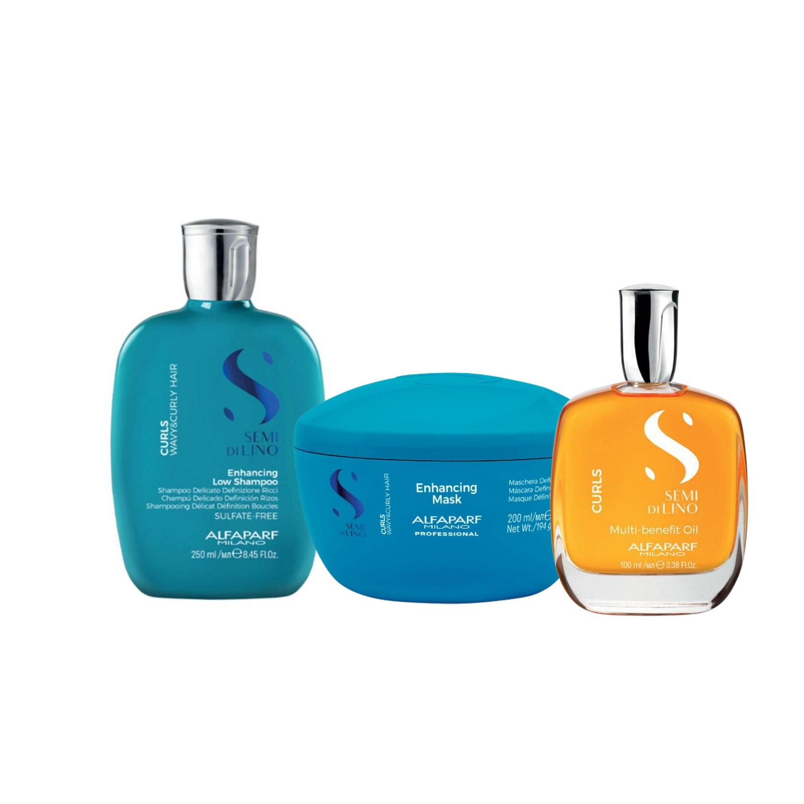 Pachet par cret si ondulat | Alfaparf Semi Di Lino Curls (Sampon 250ml, Masca 200ml, Ulei)