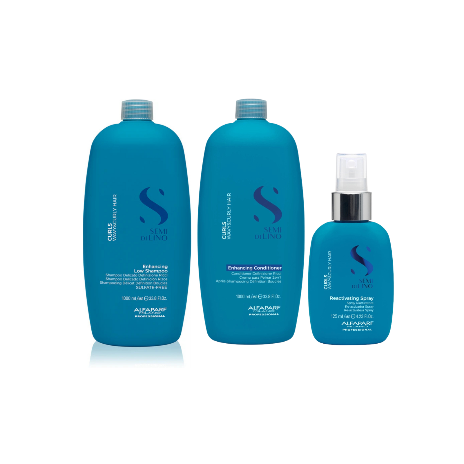 Pachet par cret si ondulat | Alfaparf Semi di Lino Curls (Sampon 1000ml, Balsam 1000ml, Spray)