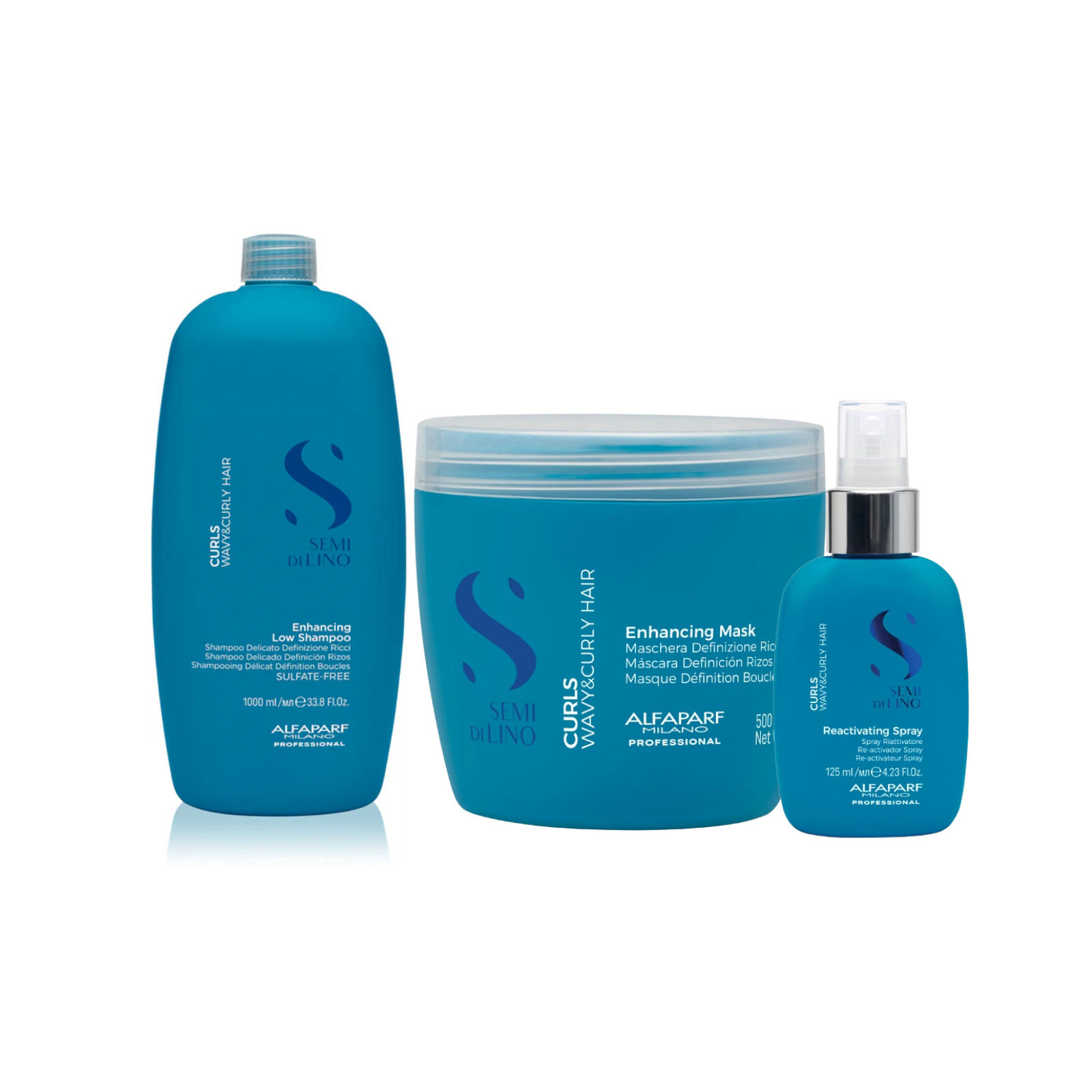 Pachet Alfaparf Curls – Șampon 1000 ml, Mască 500 ml, Spray