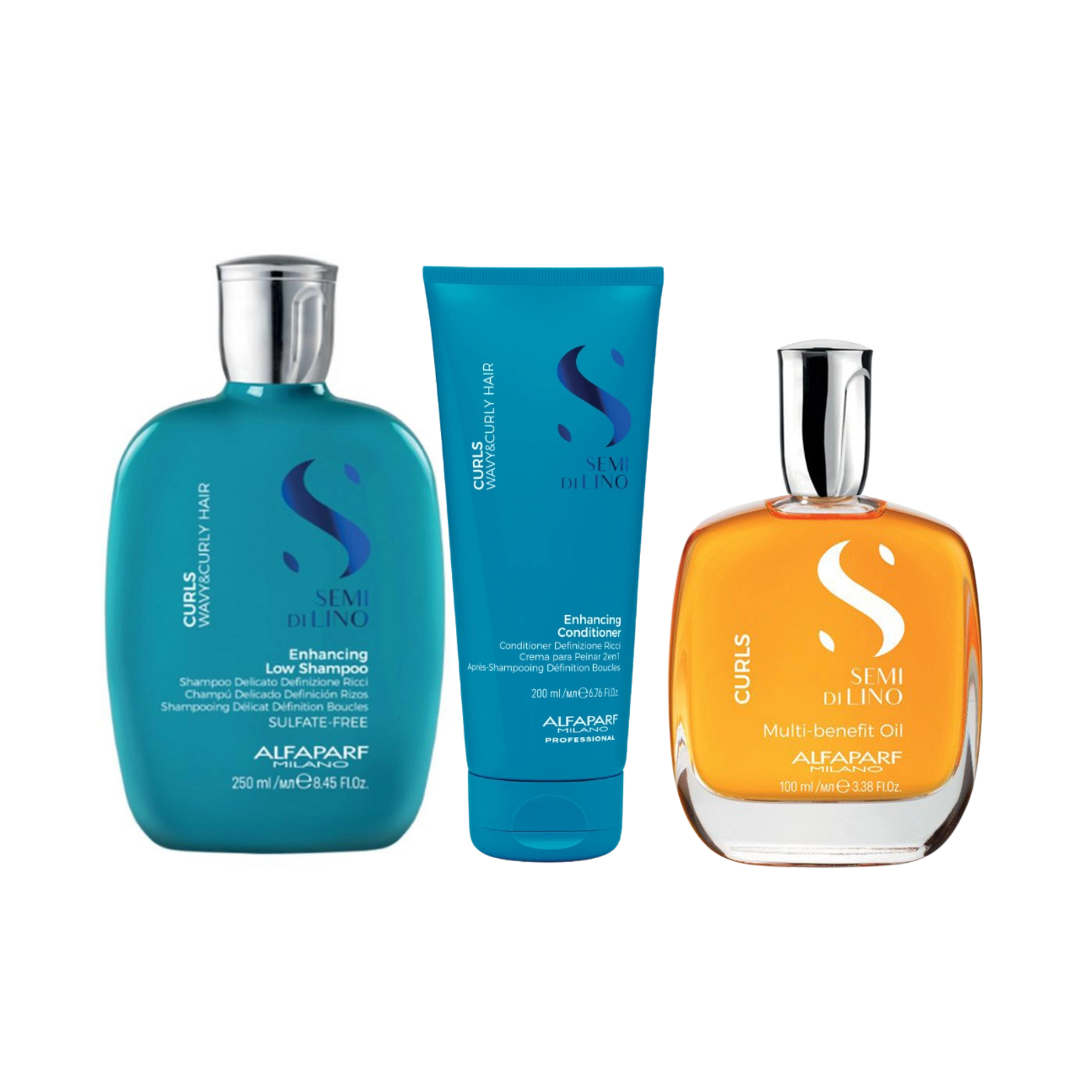 Pachet par cret si ondulat | Alfaparf Semi di Lino Curls (Sampon 250ml, Balsam 200ml, Ulei)
