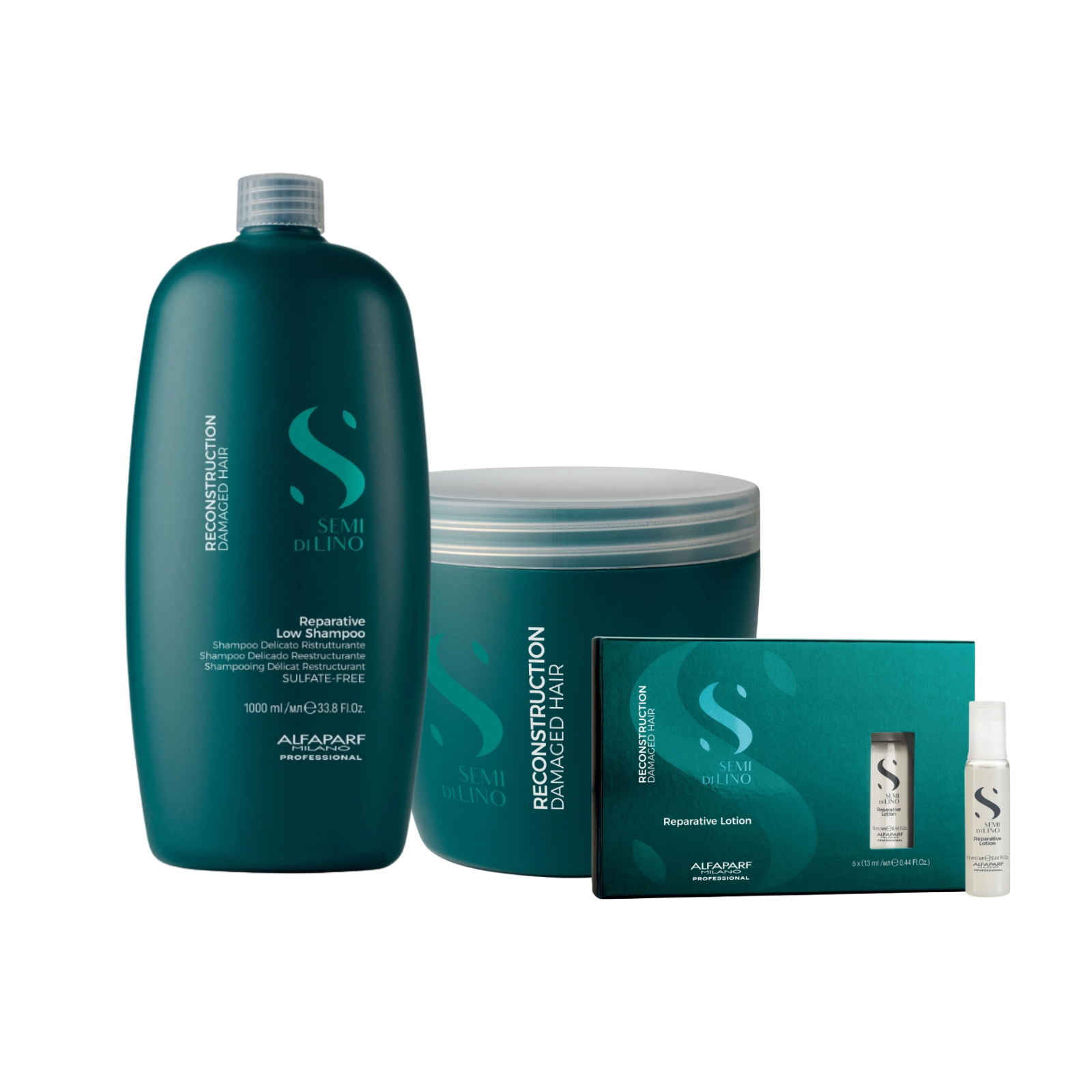 Pachet par deteriorat | Alfaparf Reconstruction (Sampon 1000ml, Masca 500ml, Lotiune)