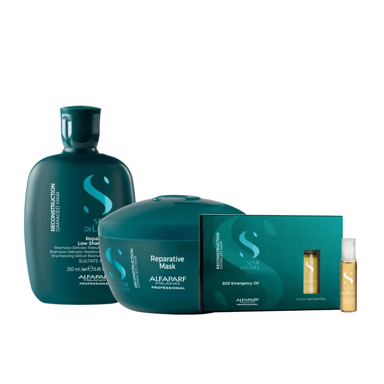 Pachet par deteriorat | Alfaparf Reconstruction (Sampon 300ml, Masca 250ml, Serum)