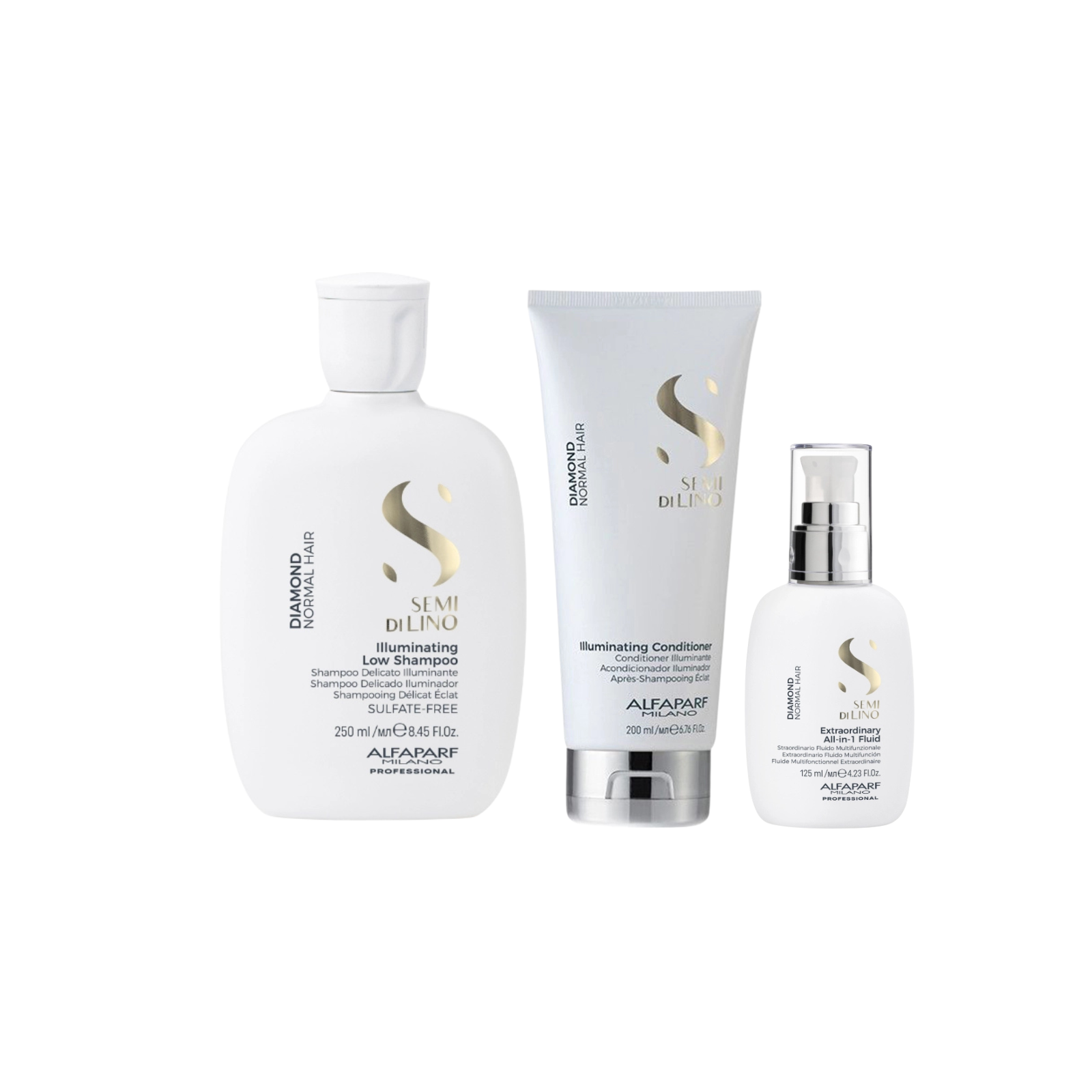 Pachet stralucire si protectie | Alfaparf Semi di Lino Diamond (sampon,balsam,fluid)