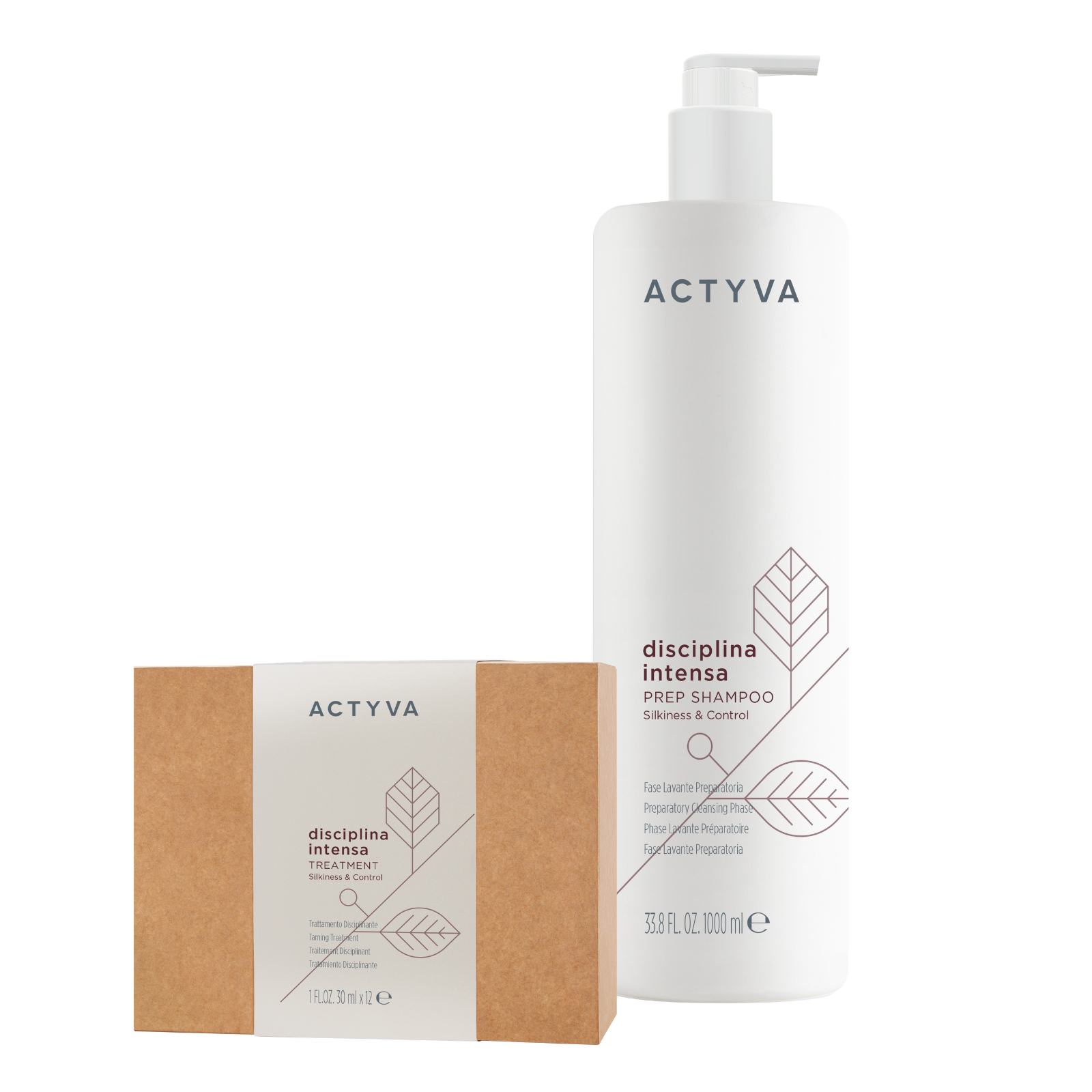 Pachet intens disciplinant anti-frizz Kemon Actyva Disciplina Intensa Sampon 1000ml, Tratament 12x30ml