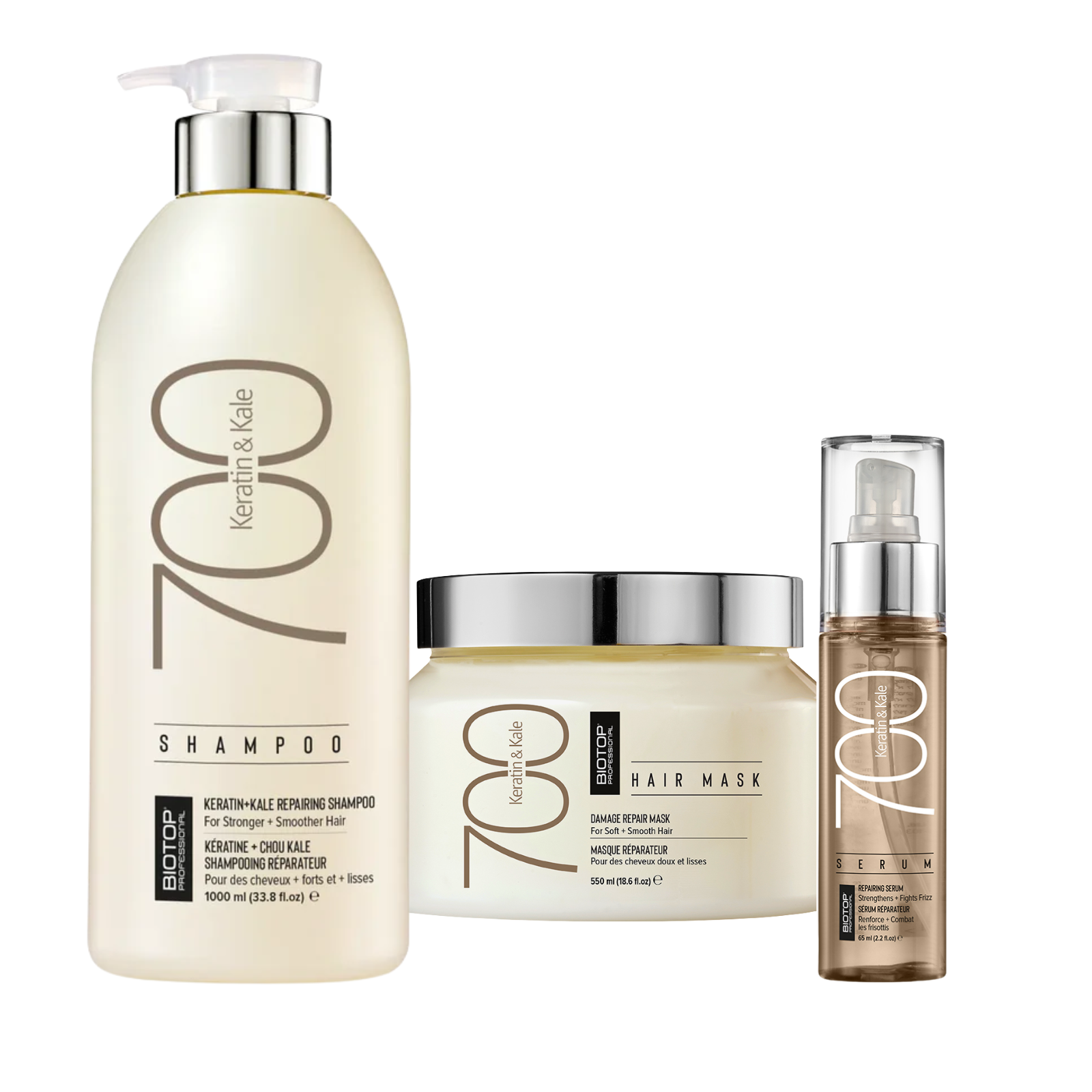 Pachet par degradat sau tratat chimic | Biotop Keratin & Kale 700 (Sampon 1000ml, Masca 550ml, Ser 65ml)