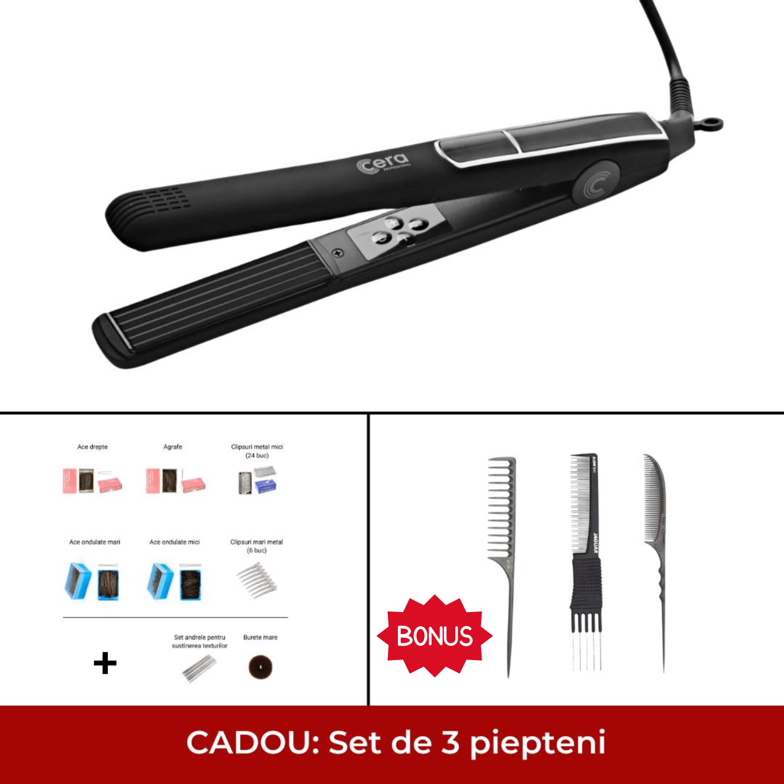 Pachet Consumabile + placa de creponat CERA (CADOU set 3 piepteni de  coafat: fejic pieptene de tapat, pieptene cu dinti rari pentru bucle, pieptene furculita)