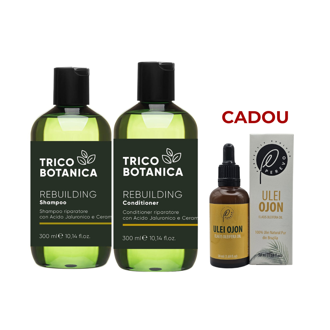 Pachet pentru repararea părului - Tricobotanica ( Șampon, Balsam + CADOU Ulei din Ojon pentru repararea și regenerarea părului deteriorat - Perevo)