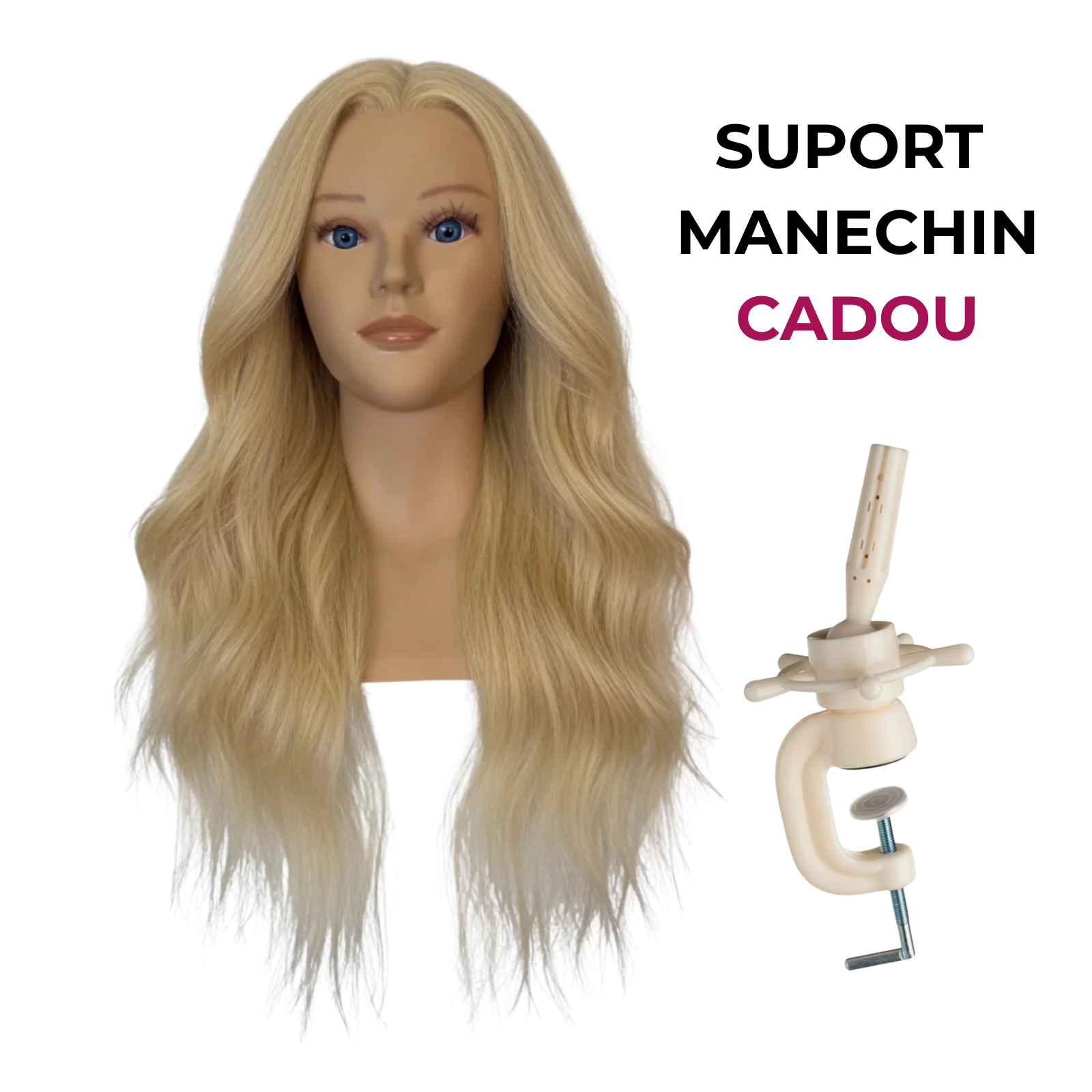 Cap de manechin cu păr natural pentru coafat lungime 60cm | The Beauty Education 60cm - suport CADOU beautifier.ro