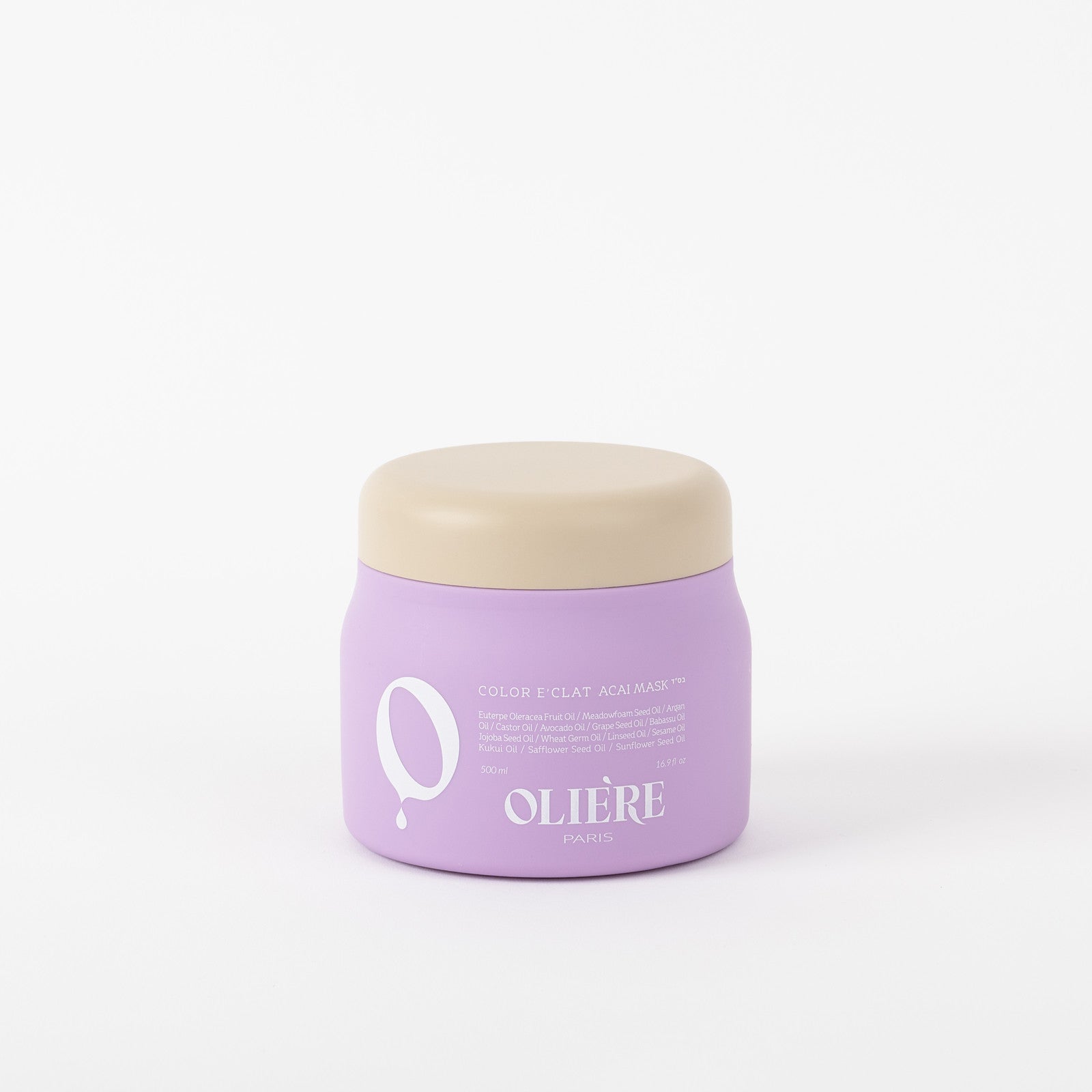 A lavender purple jar of Olière Color & Clay Acids+ hair product with a beige lid, set against a plain white background.