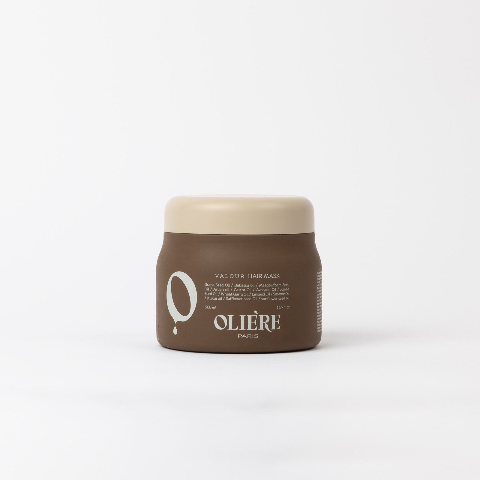 Brown jar of Olière hair mask on a white background