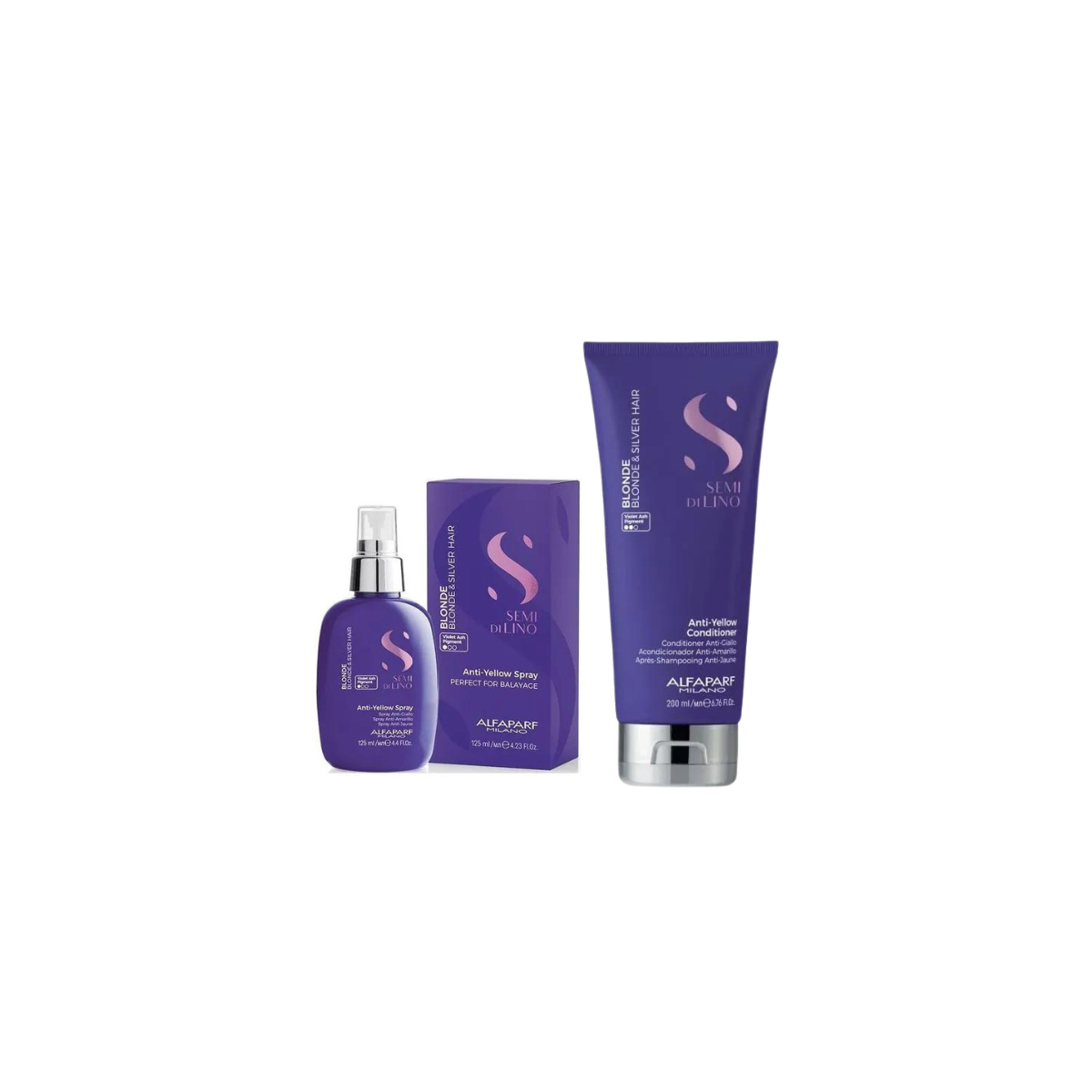 Pachet îngrijire păr anti galben Semi di Lino Blonde&amp;Silver - Alfaparf (Balsam 200ml, Spray 125ml)