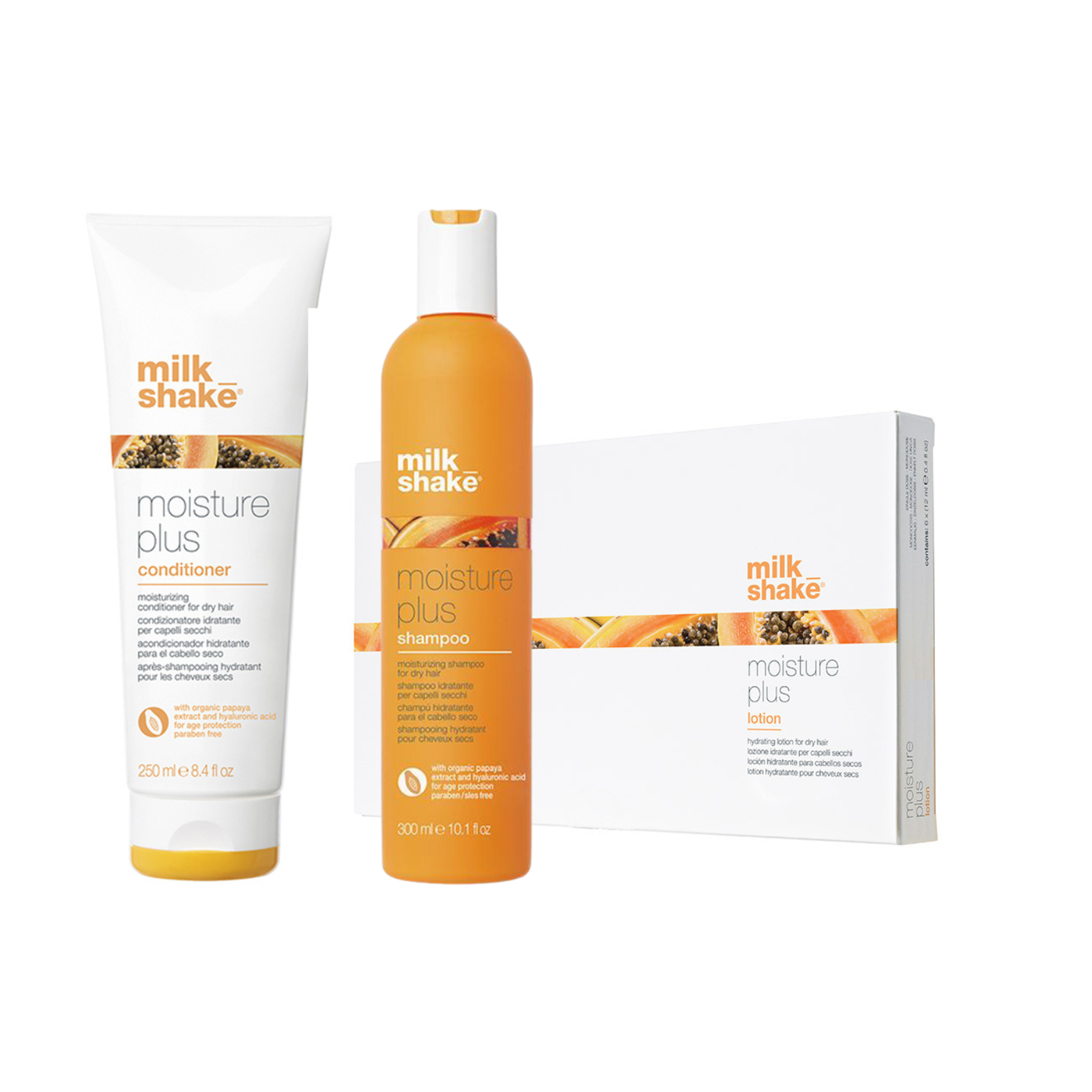 Pachet hidratare pentru par uscat, Moisture Plus (Sampon si Balsam 250ml, Fiole 6x12ml) - Milkshake