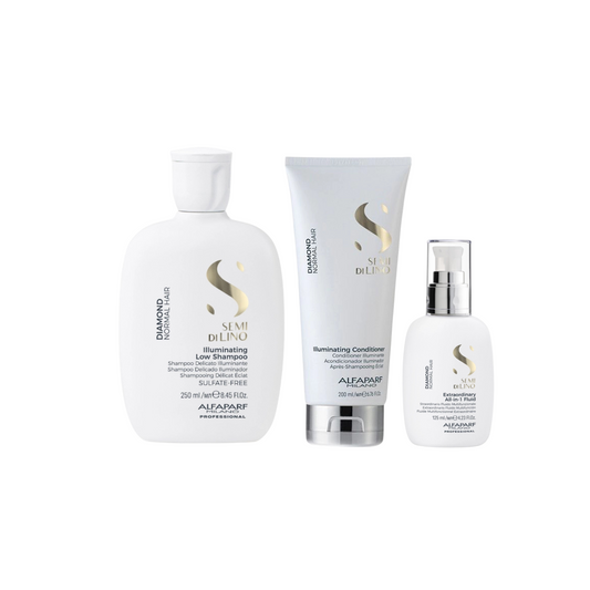 Pachet Alfaparf Semi di Lino Diamond – Șampon 250ml, Balsam 200ml și Fluid 125ml