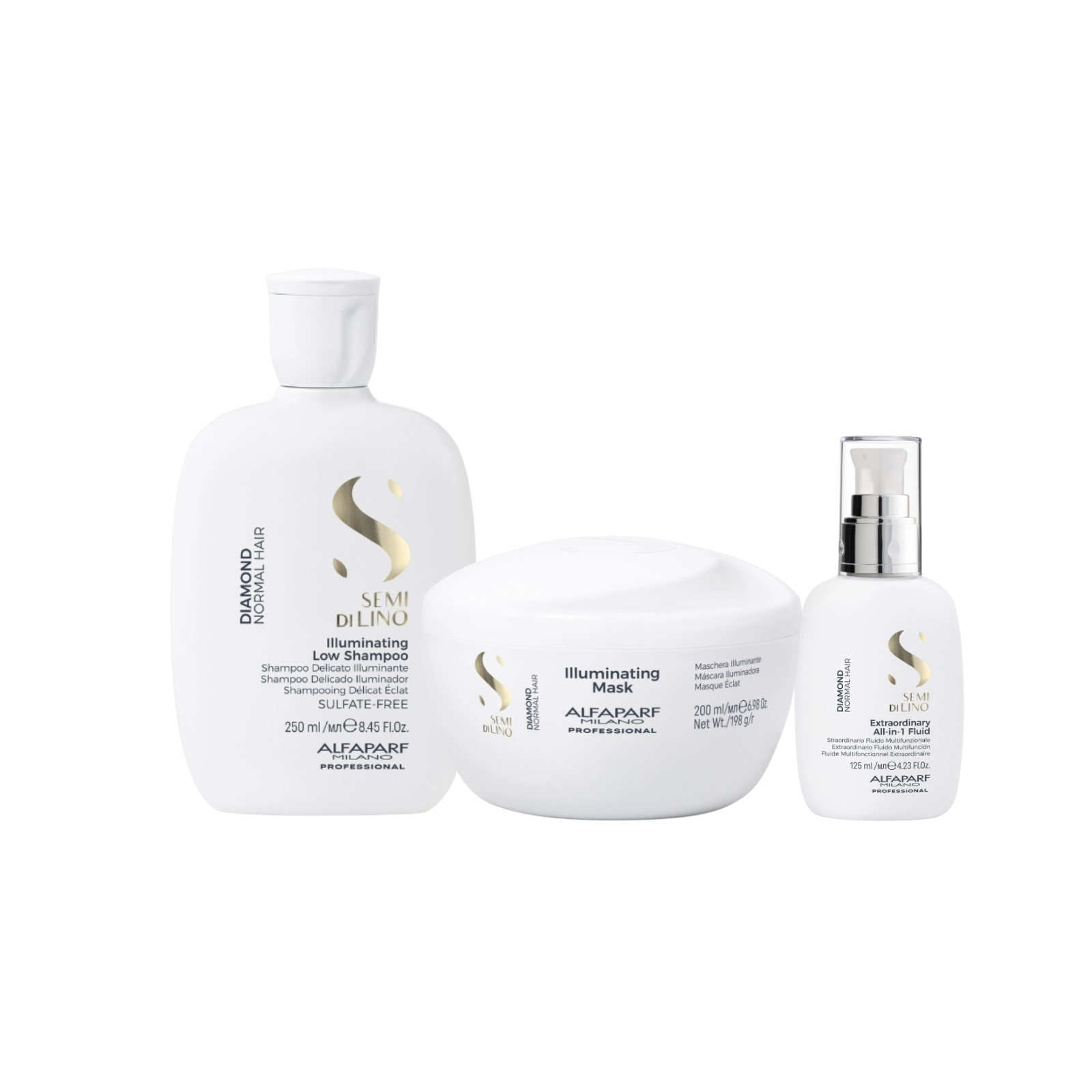 Pachet Alfaparf Semi di Lino Diamond – Șampon 250ml, Mască 200ml și Fluid 125ml