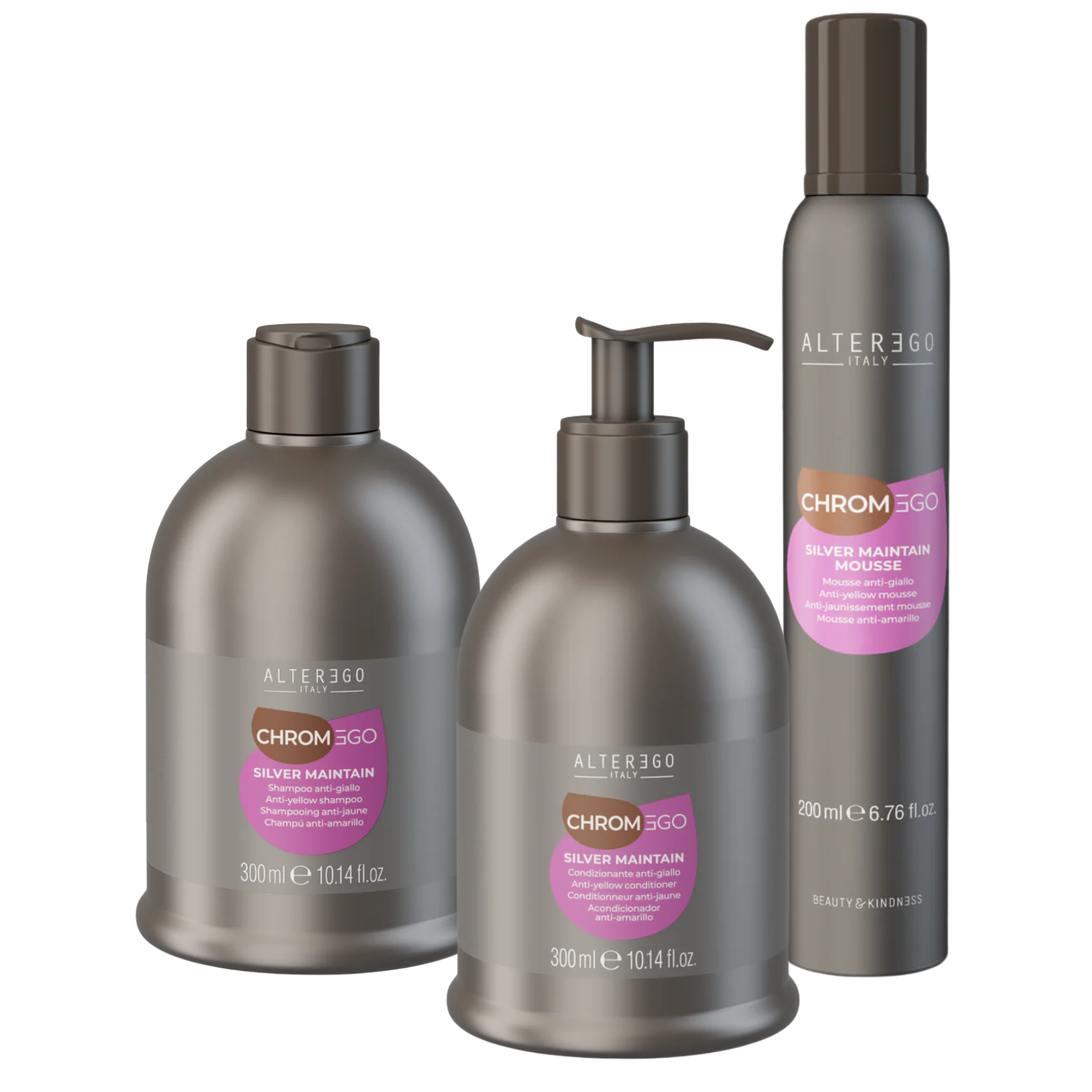 Pachet îngrijire păr vopsit blond, cu efect anti îngălbenire | AlterEgo ChromEgo Silver Maintain (Șampon 300ml, Balsam 300ml, Spumă 200ml)
