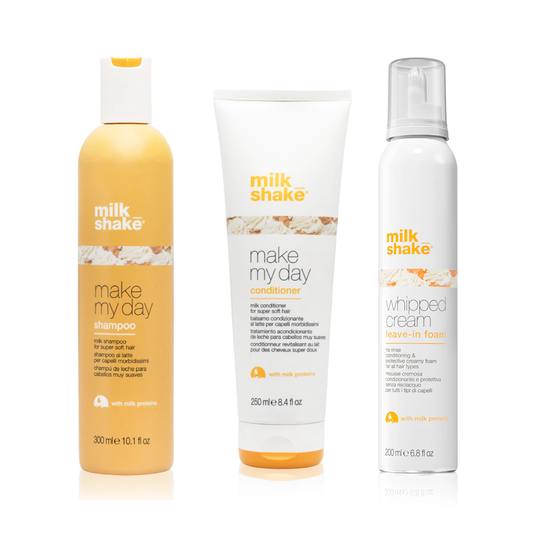 Pachet complet îngrijire toate tipurile de păr | Milkshake Make My Day (Șampon 300ml, Balsam 250ml, Whipped Cream 200ml) Beautifier Romania