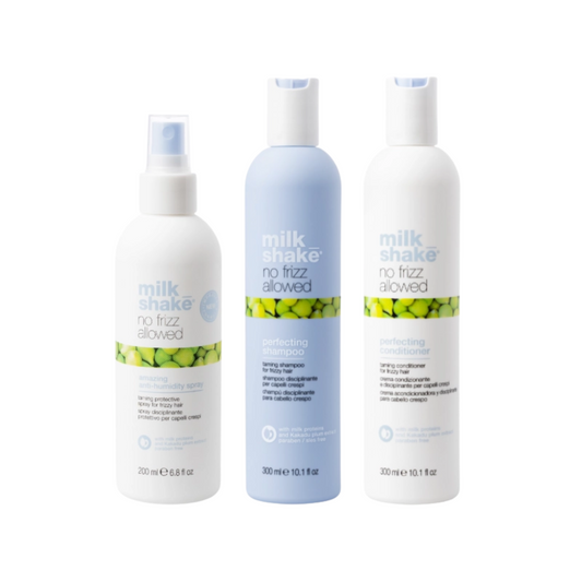 Pachet îngrijire și disciplinare păr rebel | Milkshake No Frizz Allowed (Șampon 300 ml, Balsam 300 ml, Spray 200 ml)