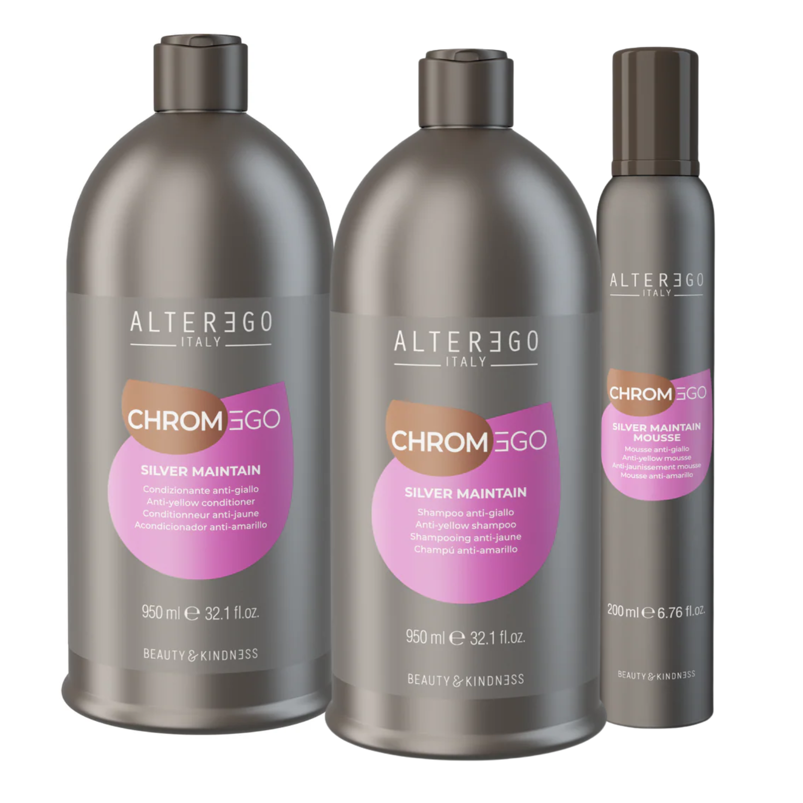 Pachet îngrijire păr vopsit blond, cu efect anti îngălbenire | AlterEgo ChromEgo Silver Maintain (Șampon 950ml, Balsam 950ml, Spumă 200ml)
