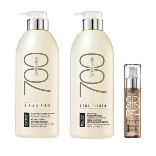 Pachet par degradat sau tratat chimic | Biotop Keratin & Kale 700 (Sampon 1000ml, Balsam 1000ml, Ser 65ml) Beautifier