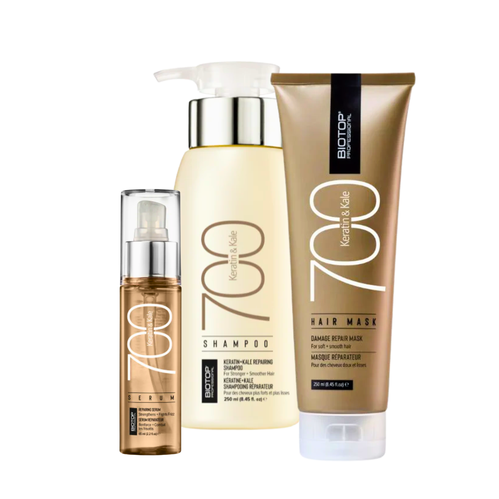 Pachet regenerare par degradat Biotop Keratin & Kale 700 (Sampon, Masca,Ser)