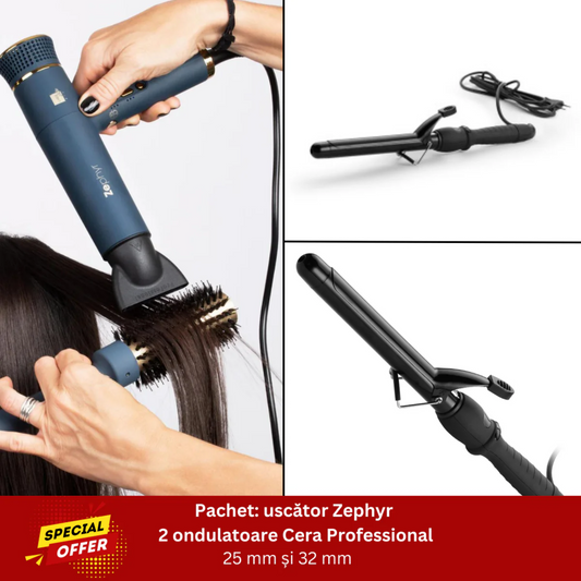 Pachet uscator profesional Zephyr 2.0 + ondulatoare profesionale Cera Curly 25 mm si 38 mm