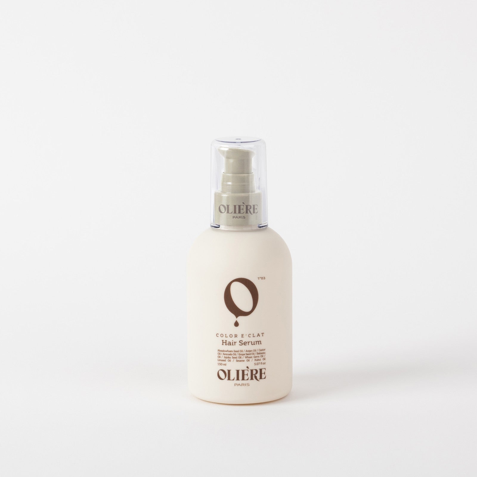 Olière hair serum bottle on a white background