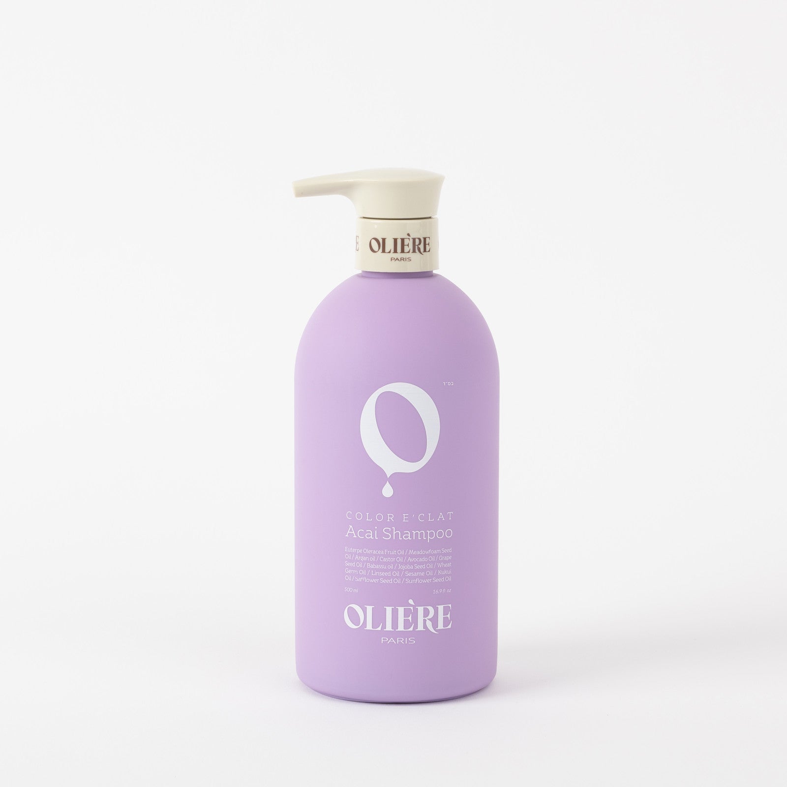 A lavender purple bottle of Olière Golden Hair Acai Shampoo with a cream-colored pump dispenser, set against a clean white background.