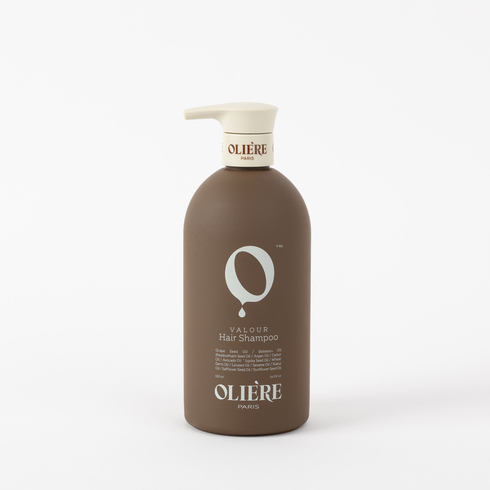 Brown shampoo bottle with pump labeled 'Olière' on a white background