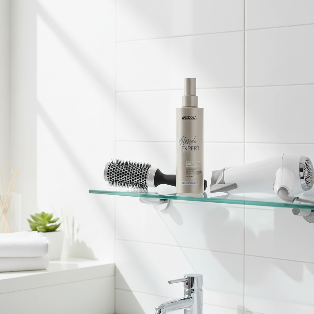 Indola Blonde Expert InstaStrong Spray on contemporary glass bathroom shelf